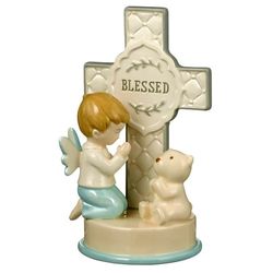Praying Boy and Teddy Bear Blessed Cross Figurine