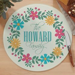 Family's Personalized Glass Cutting Board with Floral Design