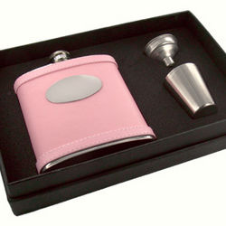 Personalized 6 oz. Pink Leather Flask Gift Set
