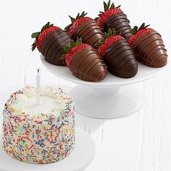 Petite Birthday Cake and 6 Belgian Chocolate Strawberries