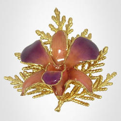 Orchid Brooch with 24kt Gold Cypress Leaf