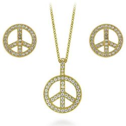 Gold Flashed Sterling Silver CZ Peace Sign Necklace and Earrings