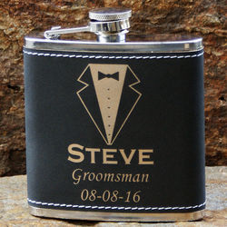 Groomsmen's Flask In Light Black Leatherette with Gold Engraving