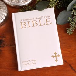 Personalized Laser Engraved Catholic First Bible in White