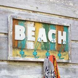 Wooden Beach Sign with Hooks