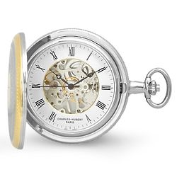 2-Tone Polished Silver Mechanical Pocket Watch and Chain