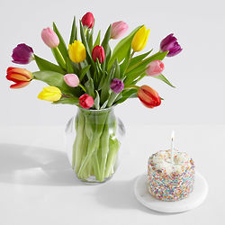 15 Rainbow Tulips with Petite Birthday Cake