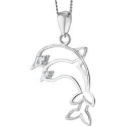 Sterling Silver Kids Double Dolphin Cubic Zirconia Necklace