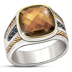 Men's Single Malt Smoky Quartz Gemstone Ring with Sapphires