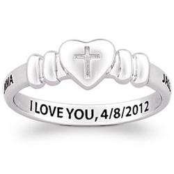 Sterling Silver Couple's Heart and Cross Name & Message Ring