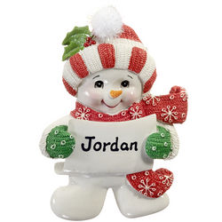 Personalized Kid's Red and White Striped Hat Snowman Ornament