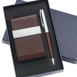 Brown Leatherette Business Card Case and Ballpoint Pen