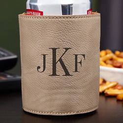 Classic Monogram Personalized Tan Leatherette Can Cooler