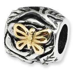 Sterling Silver and 14 Karat Gold Accent Butterfly Nature Bead