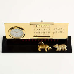 Gold Plated Stock Market Perpetual Calendar with Clock