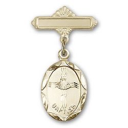 Gold Filled Baby Badge with Baptism Charm and Polished Pin