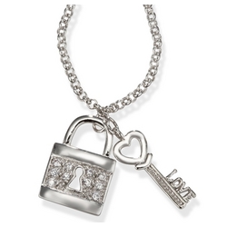 Lock and Heart Key Sparkling Necklace in Sterling Silver
