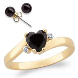 Gold Plated Onyx and Cubic Zirconia Heart Ring with Earrings