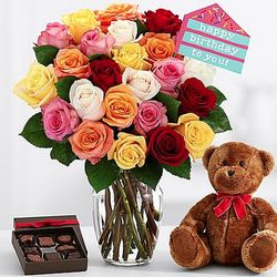Ultimate Birthday Rose Bouquet with Teddy Bear and Chocolates