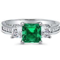 Princess Cut Green Cubic Zirconia 3-Stone Silver Ring