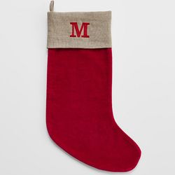 Red Velvet and Linen Holiday Stocking with Red Letter Monogram