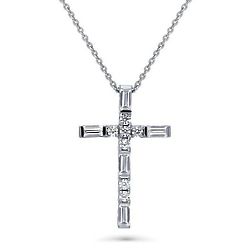 Sterling Silver Baguette Cut CZ Cross Pendant Necklace