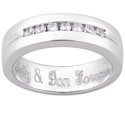 Mens Sterling Silver Engraved CZ Wedding Band