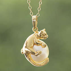 Curious Kitty Gold Plated Faux Pearl Pendant Necklace