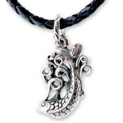 Men's Lucky Dragon Fish Sterling Silver and Leather Necklace