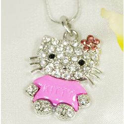 Pink Acrylic and Crystal Kitty Necklace