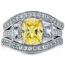 2.6ct Cushion Canary Yellow CZ 3-Stone Silver Stacking Ring Set