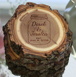Couples Mason Jar Engraved Tree Bark Coasters
