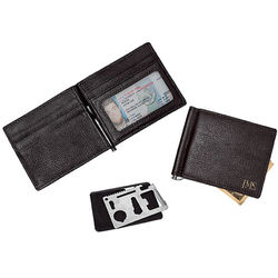Personalized Leather Wallet with Money Clip & Multi-function Tool