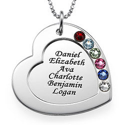 Mom's Family Names and Birthstones Trending Silver Heart Necklace