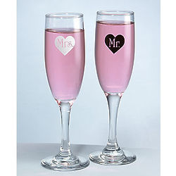 Mr. and Mrs. Champagne Flutes with Black and White Hearts
