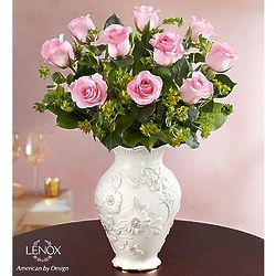 12 Lovely Pink Roses in White Lenox Vase