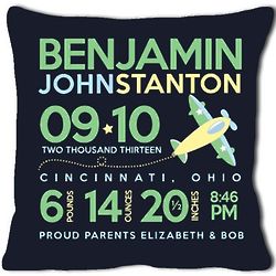 New Baby's Birth Announcement Airplane Pillow in Black