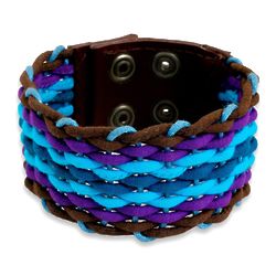 Blue Weave Cotton and Leather Wristband Bracelet