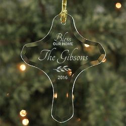 Engraved Bless Our Home Glass Cross Ornament