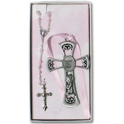 Pewter Crib Medal and Pink Rosary