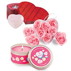 Language of Love Candle, Heart, and Pink Bath Roses Gift Set