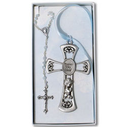 Pewter Crib Medal and Blue Rosary