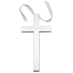 Engraved Silvertone Cross with White Ribbon