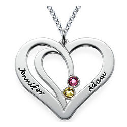 Engraved Couples Birthstone Necklace in Silver