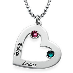 Couple's Captured Heart Necklace in Silver with Birthstones