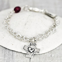 Divine Love Silver Bracelet with Cross and Faceted Ruby