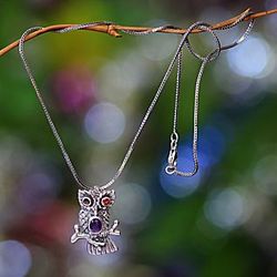 Indonesian Garnet and Amethyst Owl Necklace