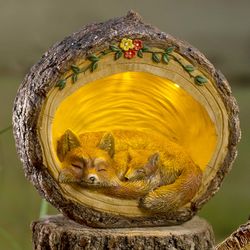 Woodland Foxes in Lighted Log Garden Statue
