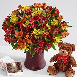 200 Blooms of Autumn Peruvian Lilies with Vase, Bear & Chocolates