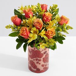 Autumn Days Roses and Lilies Bouquet in Fall Vase